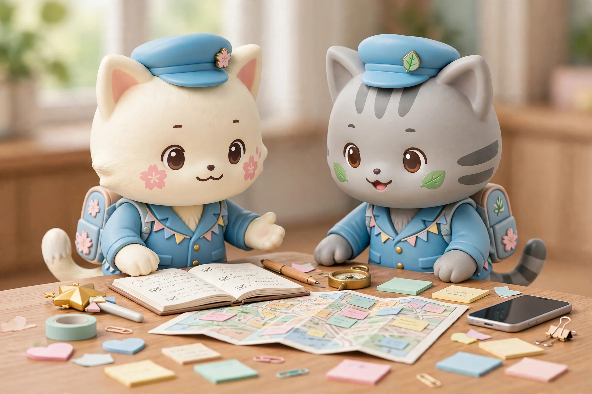 Illustration of two cat guide mascots in blue guide uniforms at a planning table covered with a park map, an open notebook, a phone and pastel sticky notes