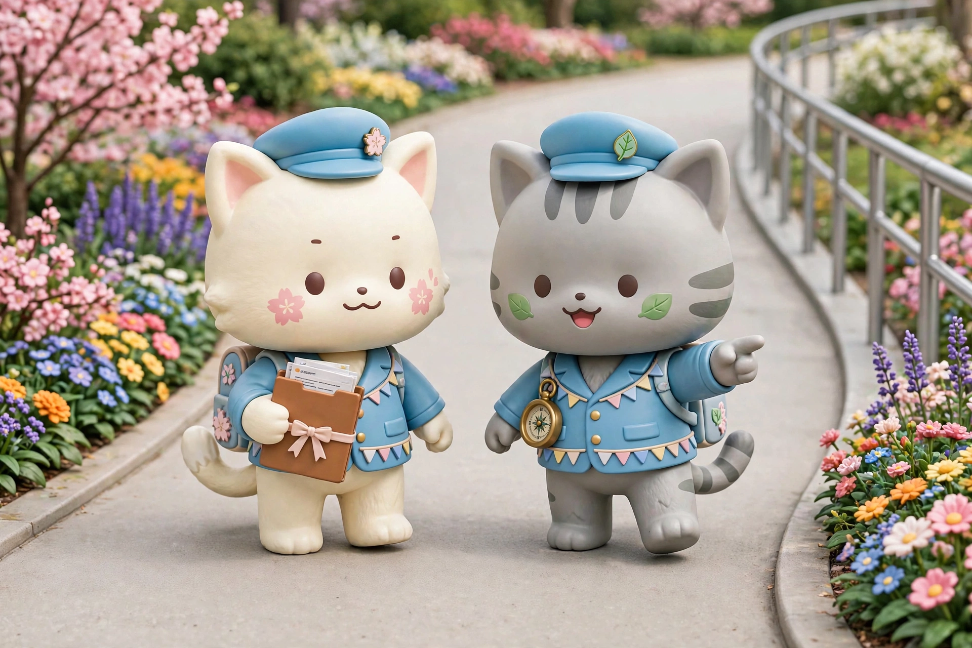 Illustration of two cat guide mascots in blue guide uniforms on a curved step-free park path with a handrail and flower beds, one holding a folder of paperwork, the other pointing the way with a compass