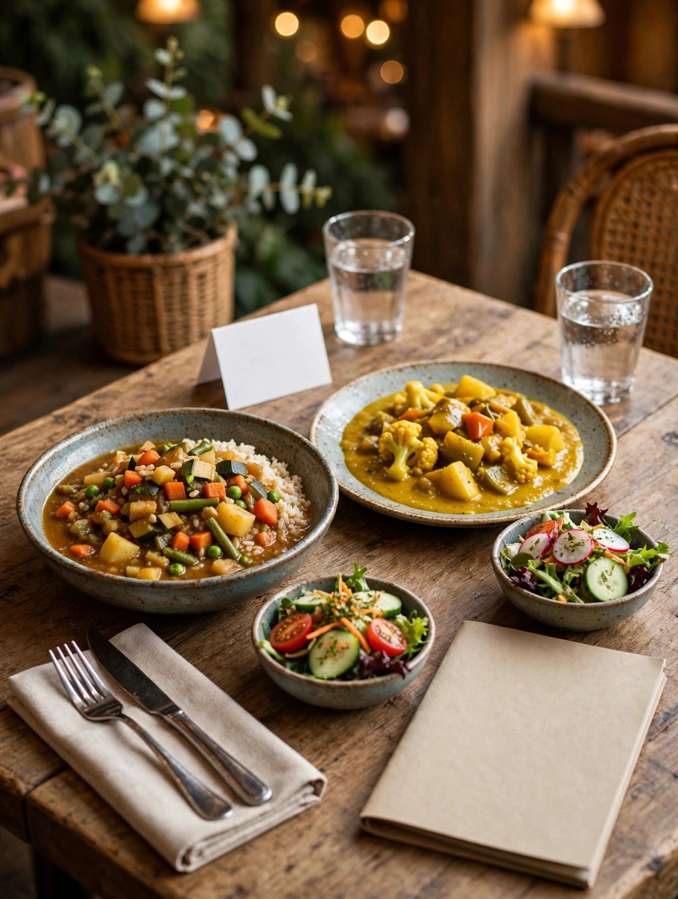 Illustration of a park restaurant table set with a stew plate, a curry plate and salads, a blank phrase card standing on the table and a menu beside the plates