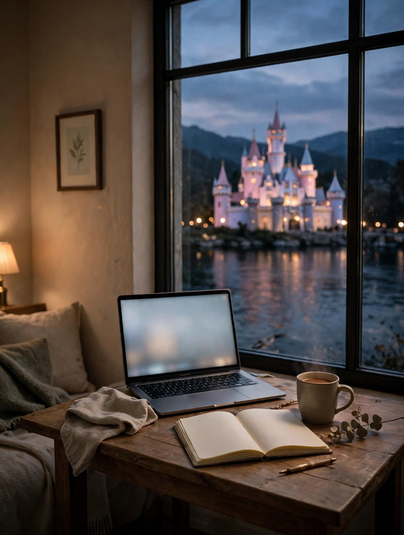 Illustration of a hotel room table at dusk with a laptop and notebook open, a lit storybook castle across the water seen through the window